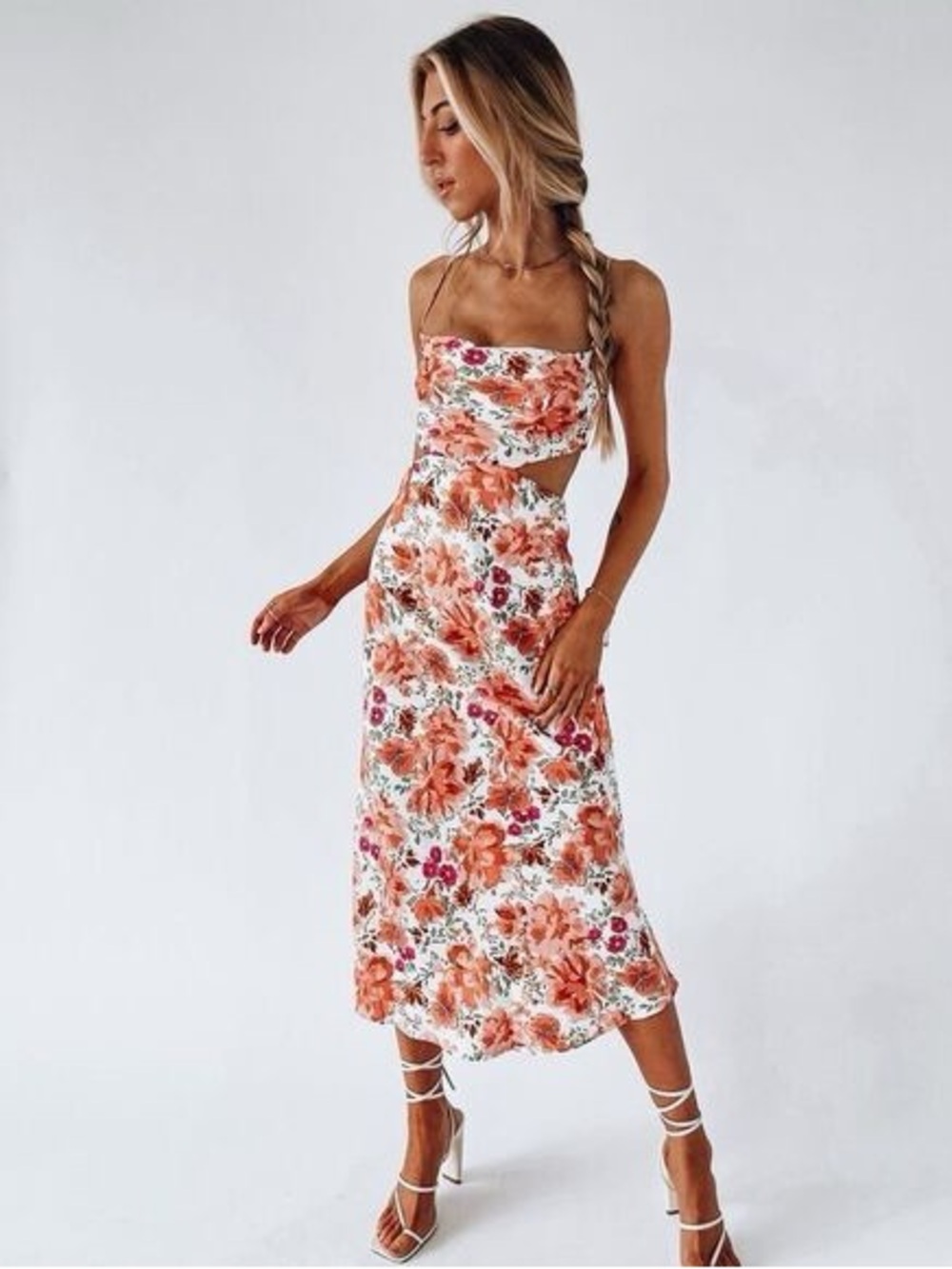 One and Only Collective Cowl Neck Side Cutouts Floral Midi Dress Coral Pink S